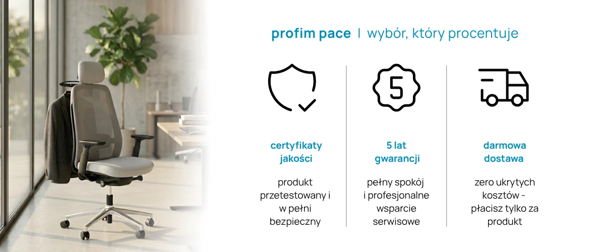 Nowoczesny fotel biurowy Profim Pace w eleganckiej aranżacji gabinetu. Polska jakość, ekologiczne materiały i 5 lat gwarancji.